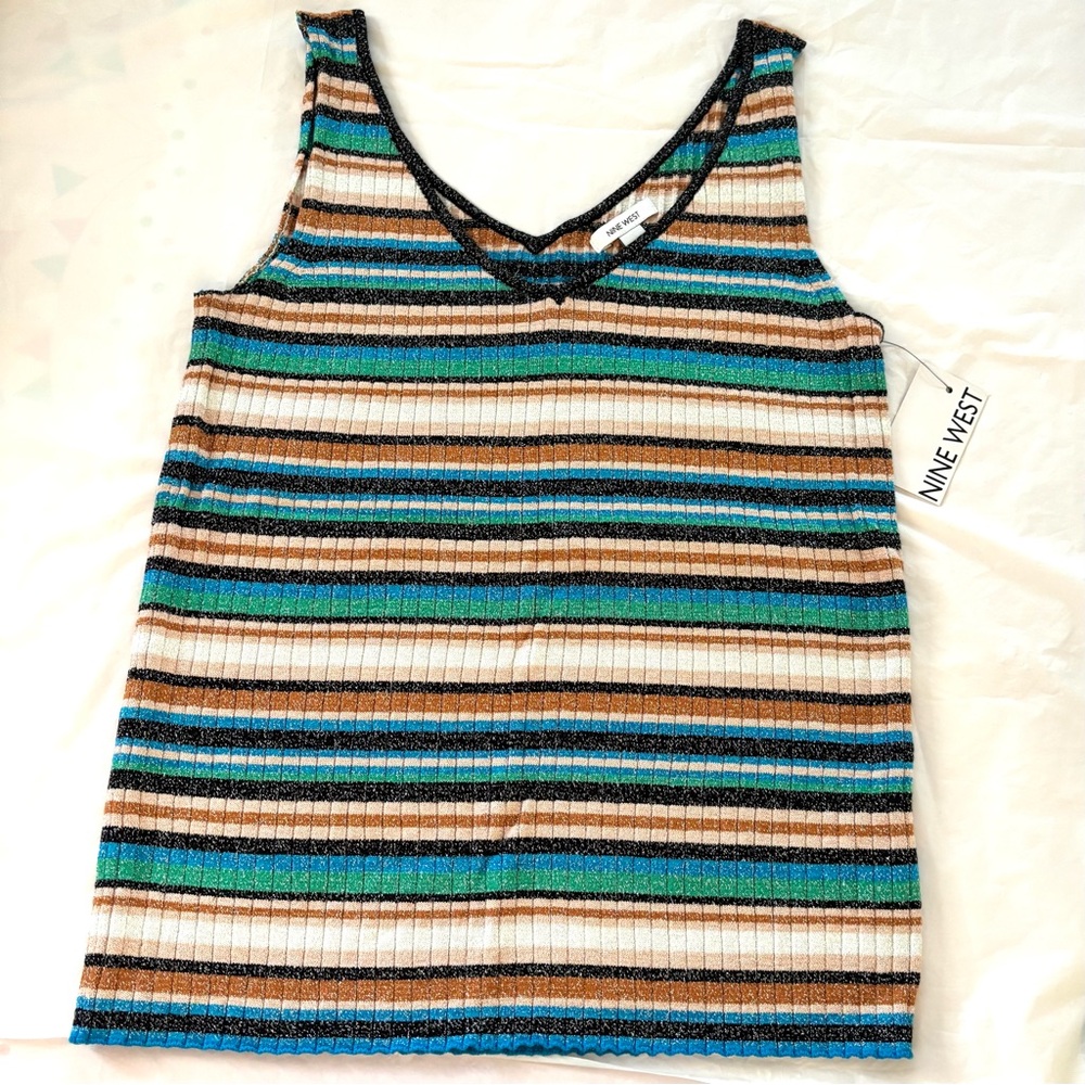Nine West Striped V-Neck Tank in Teal, Black, White & Tan